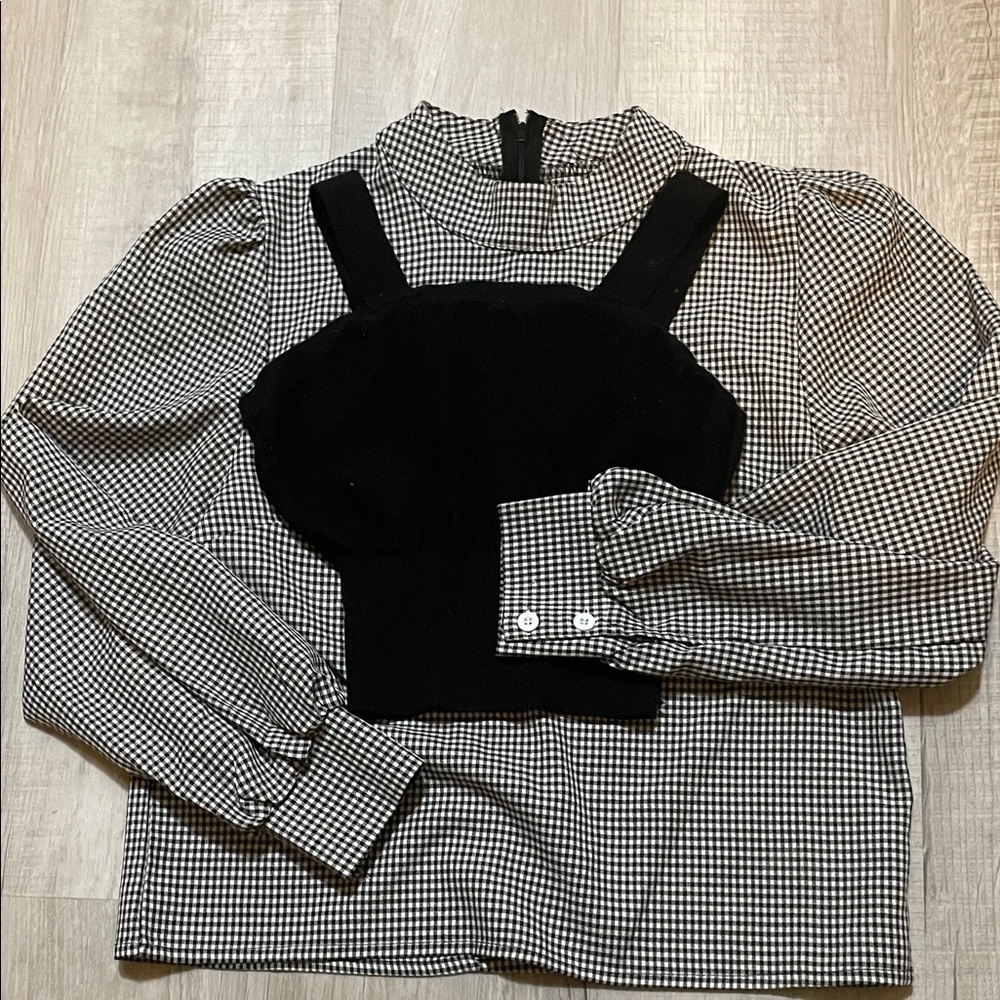 Black and White Checkered Blouse with Black Vest Overlay